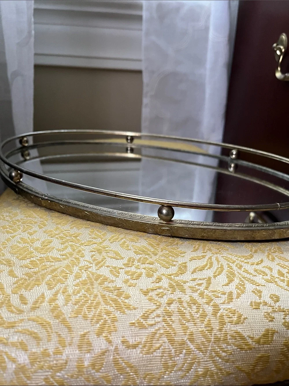 Round Mirrored Tray with Gold Rail